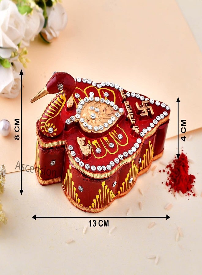 ascension Handicrafts Tika Chopra in Peacock Shape Meenakari Work/Kumkum Box with Chawal-Akshat-Haldi Wooden Chopda for Gift and Pooja Decorative Purpose Item - Image 4
